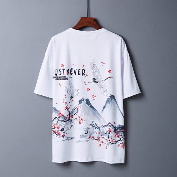 Vintage Sakura Fox Crane Print Casual T-Shirt - Modakawa modakawa