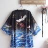 Crane Print Japanese Belted Kimono Outerwear Sun Protective - Modakawa Modakawa