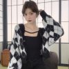 Colorblock Rhombus Print Cardigan Sweater Tank Top Two Pieces Set - Modakawa Modakawa