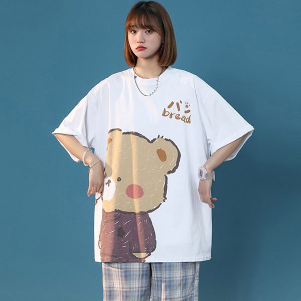 Cartoon Bear Print Round Collar Casual T-Shirt - Modakawa Modakawa