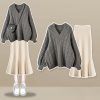 V-neck Cable Sweater Fishtail Skirt Two Pieces Set - Modakawa modakawa