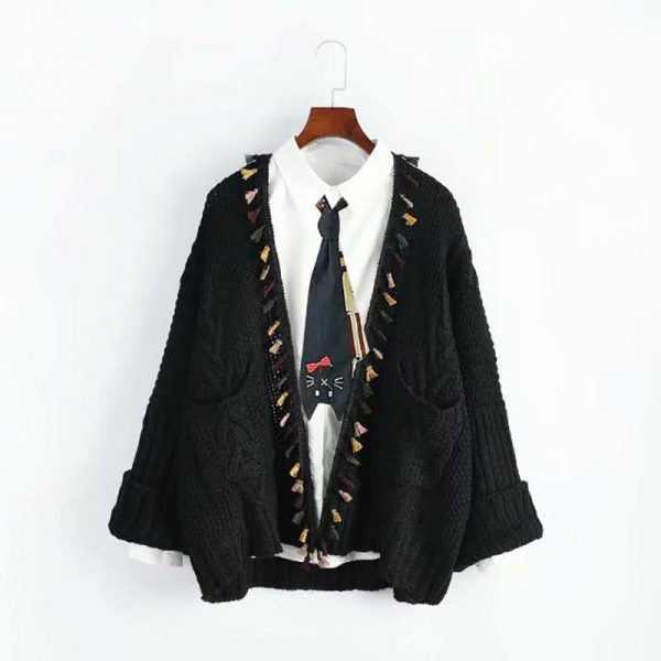 Open Front Tassel Knit Cardigan Sweater Coat - Modakawa Modakawa