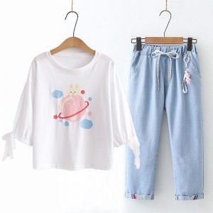 Bunny Earth Print Lace Up T-Shirt Drawstring Pants Suit - Modakawa Modakawa