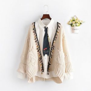 Open Front Tassel Knit Cardigan Sweater Coat - Modakawa Modakawa