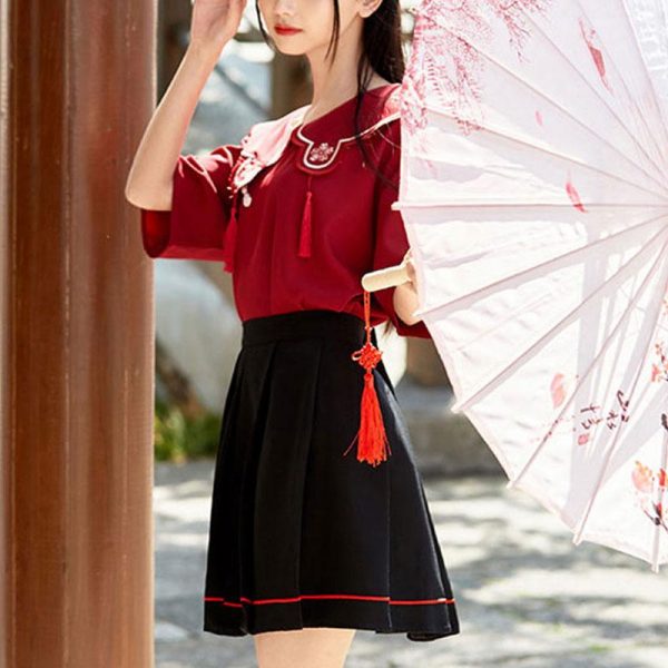 Flower Embroidery Buckle T-Shirt Skirt Set - Modakawa Modakawa